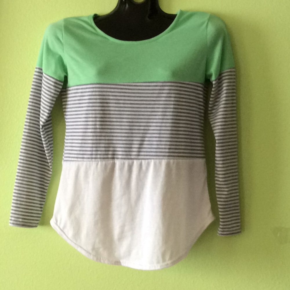 Color Block Mint Green Gray Striped White Top